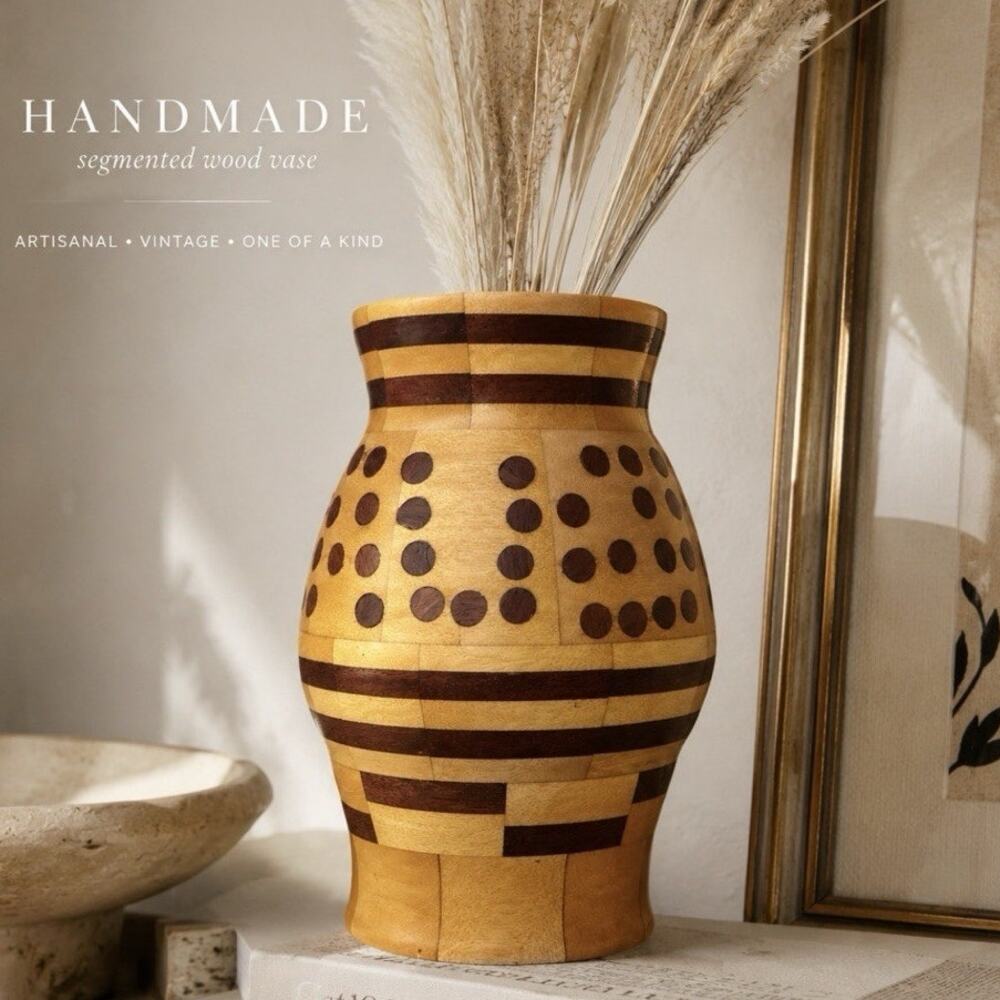 Studio Wood Turned Handmade Artisan Segmented Inlay Pottery Style Vase Vessel